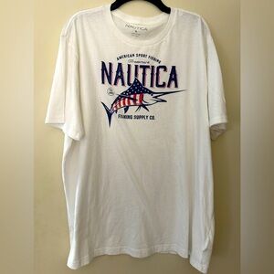 NAUTICA Men’s Graphic Fishing Short Sleeve White T-shirt. 100% Cotton. Size XL